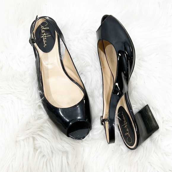 Cole Haan Nike Air Patent Leather Peep Toe Slingback Rectangle Heel Black 8.5 - Picture 1 of 12
